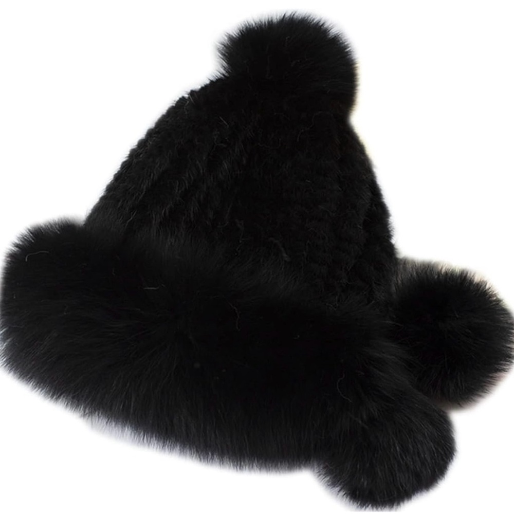 Black Faux Fur  and knitted hat poms